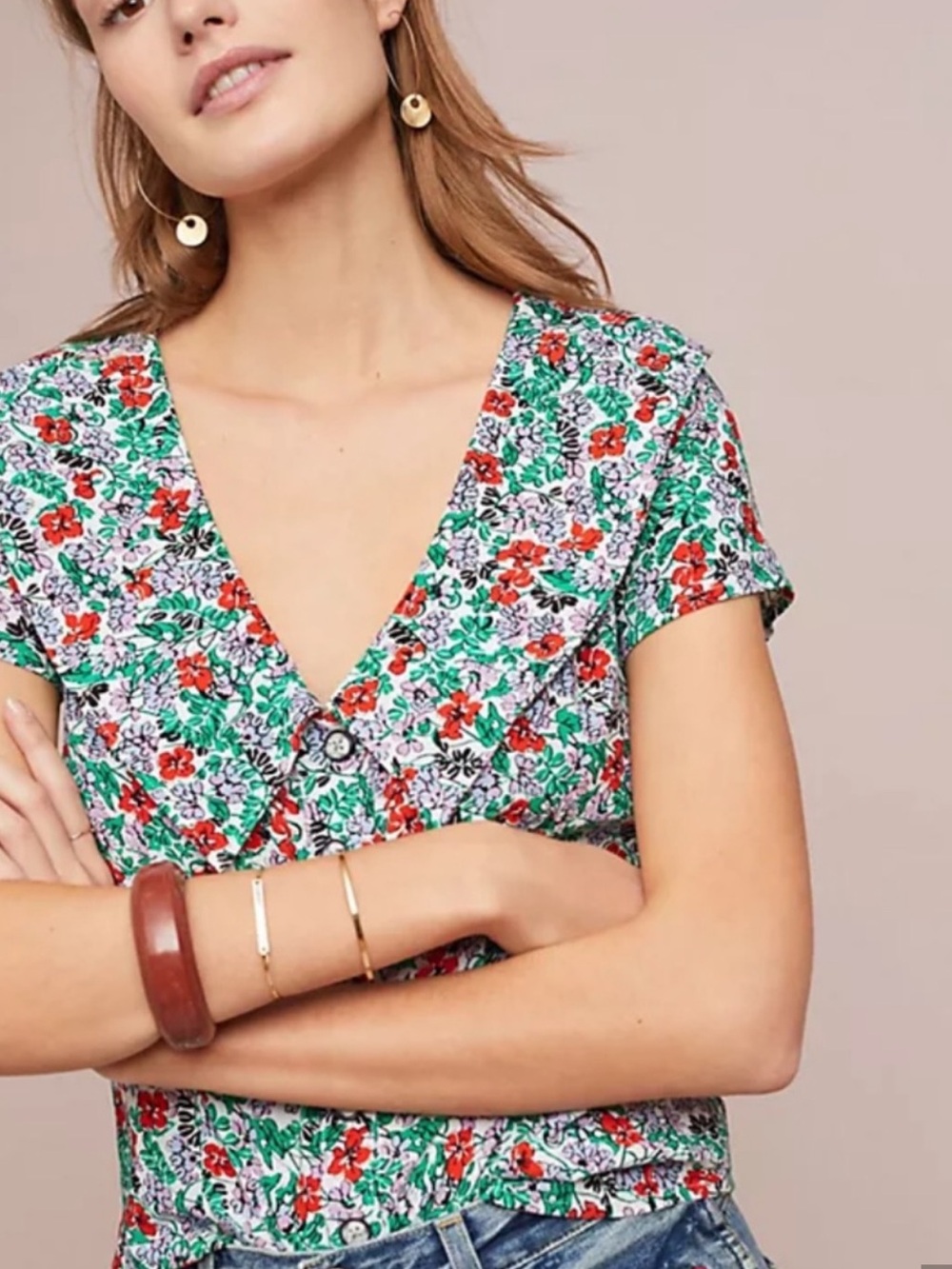 Anthropologie Maeve Austen Floral V-Neck Collared Blouse Size 12